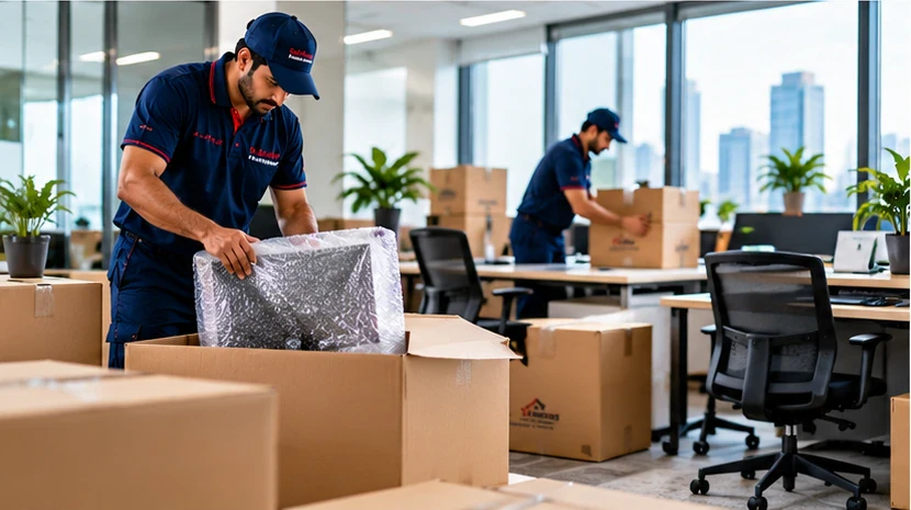 Office furniture and boxes prepared for business relocation
