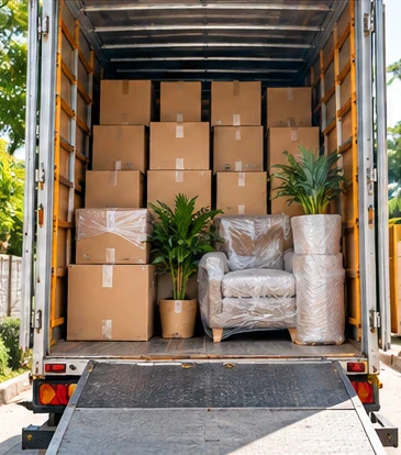 Packed boxes and wrapped furniture arranged inside a moving truck