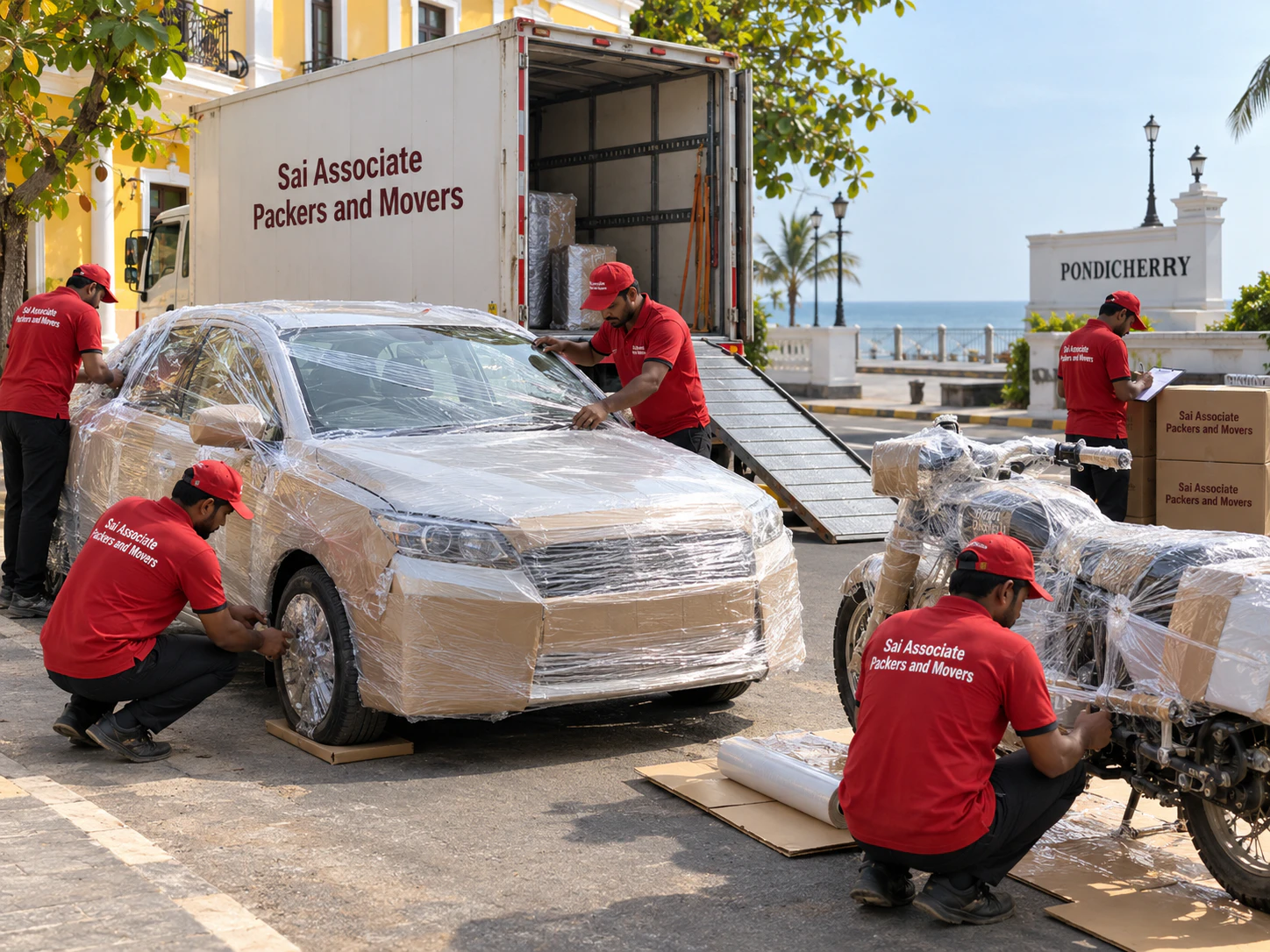Movers preparing a car and bike for vehicle transportation in Pondicherry