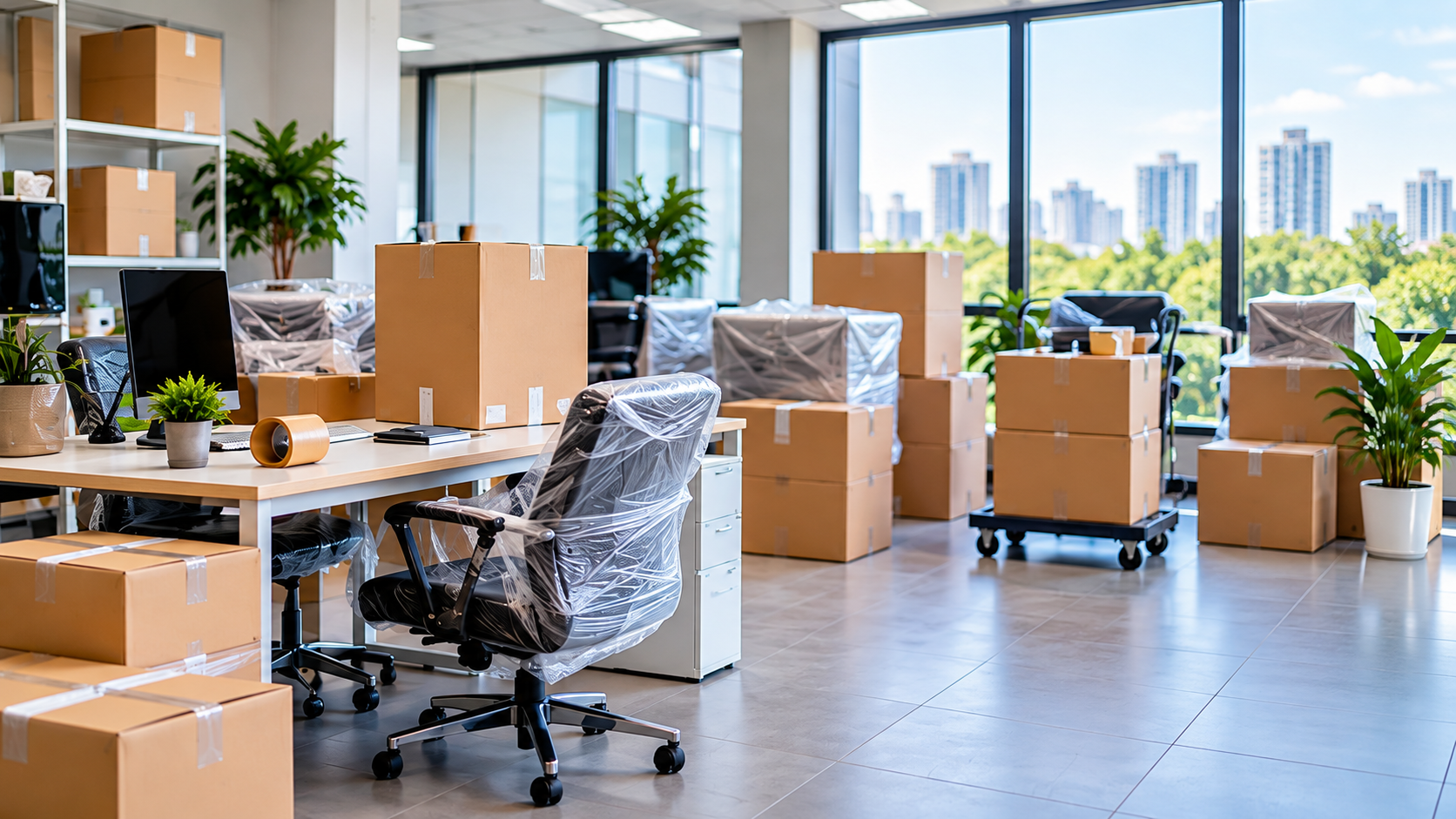 Office furniture, computers and moving boxes prepared for office relocation in Pondicherry