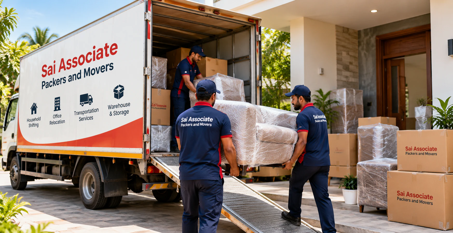 Packed moving boxes prepared for relocation in Gorimedu